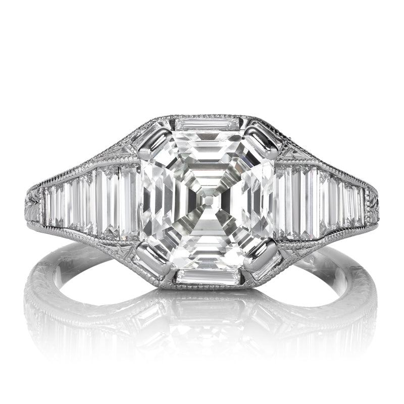2.5 Carat Asscher Cut Diamond with Baguettes in Engraved Platinum Setting