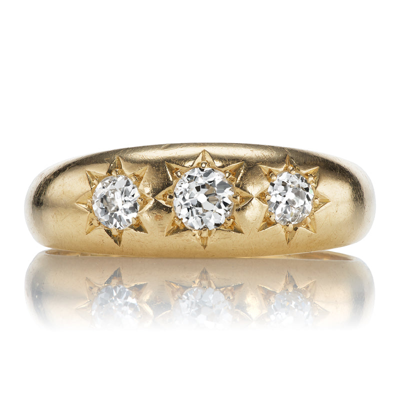 Antique Three Stone Old Cut Diamond Gypsy Ring with Starburst Engravings