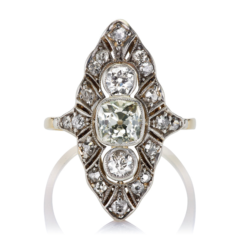 Incredible Antique Navette Ring with Old Mine Cut Diamonds