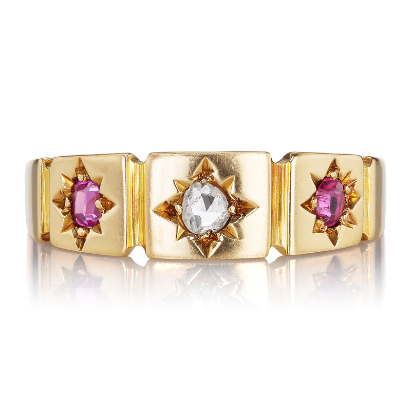 Three Stone Antique Ruby and Diamond Starburst Ring
