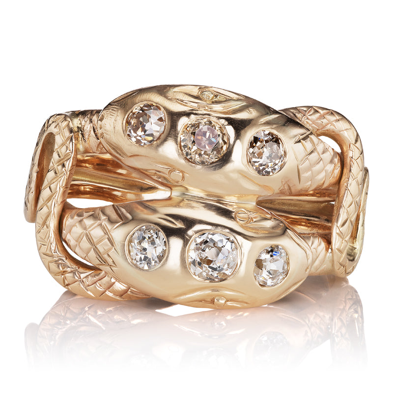 Antique Double Row Snake Ring with Contrasting Antique Diamonds