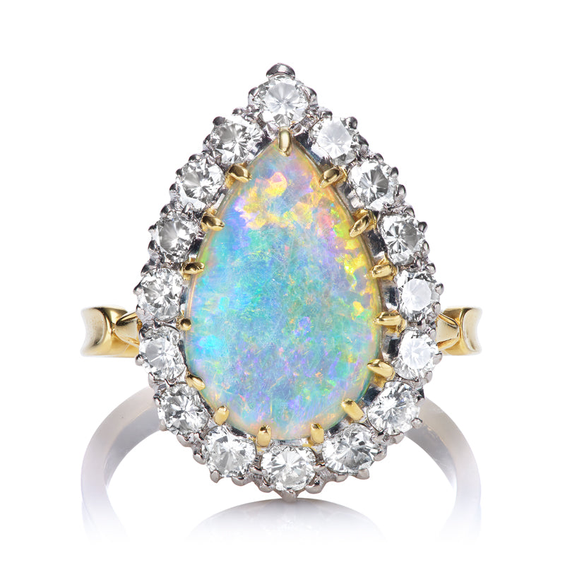 Two Tone Vintage Pear Shape Opal and Diamond Halo Engagement Ring