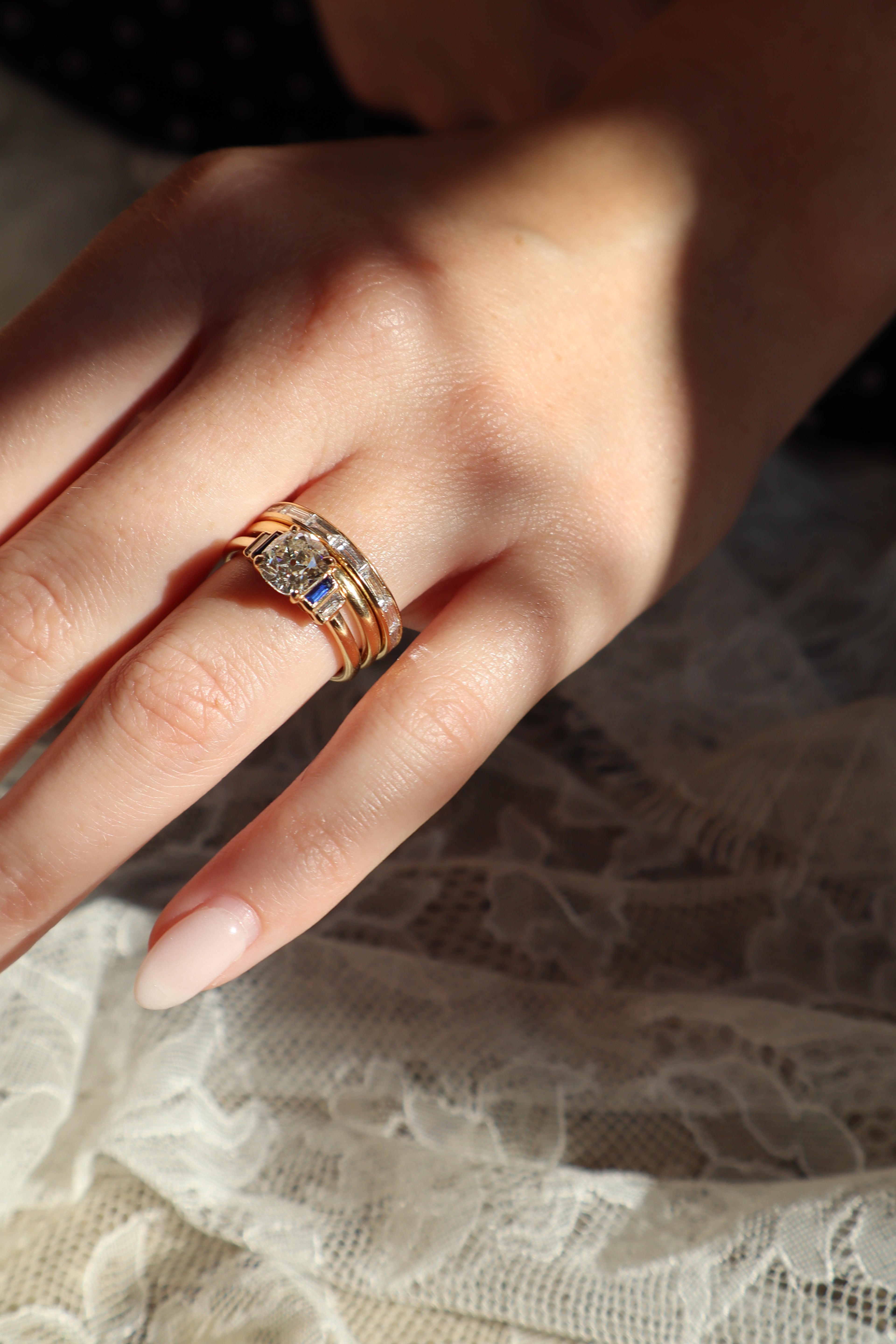 1.38ct Old Mine Cut Diamond diamond engagement ring with gemstone