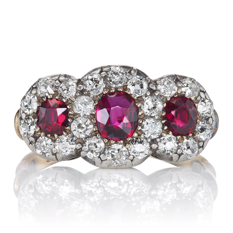 No Heat Ruby and Old Mine Cut Cluster Ring