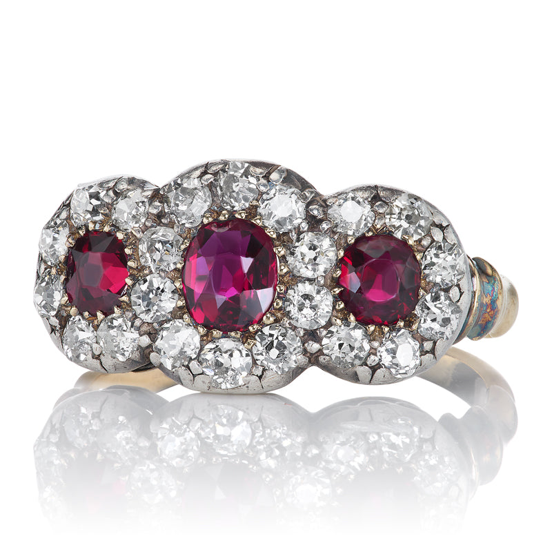 No Heat Ruby and Old Mine Cut Cluster Ring diamond with gemstone