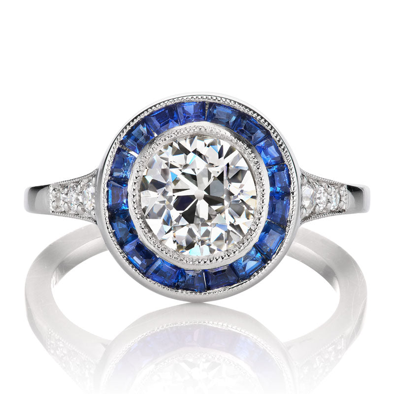 1.27ct Transitional Cut Diamond Engagement Ring with Halo of Sapphires