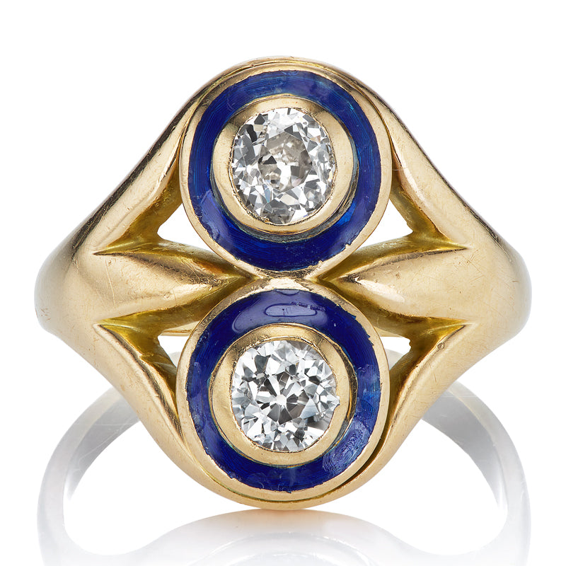 Vintage Old Mine Cut Diamond Toi et Moi Ring with Blue Enamel Halo