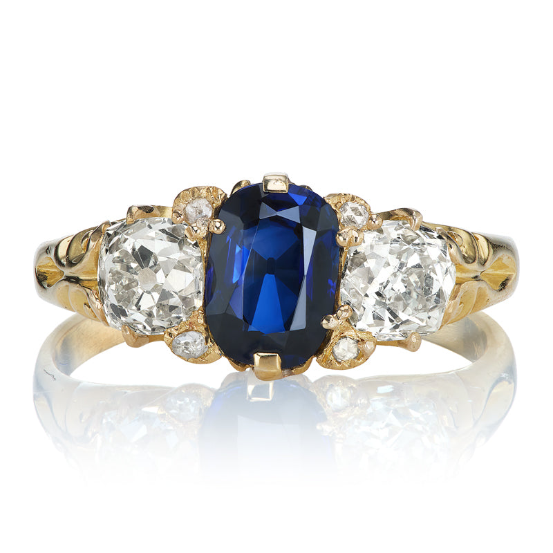 Antique Victorian No Heat Oval Sapphire Ring with Old Mine Side Stones