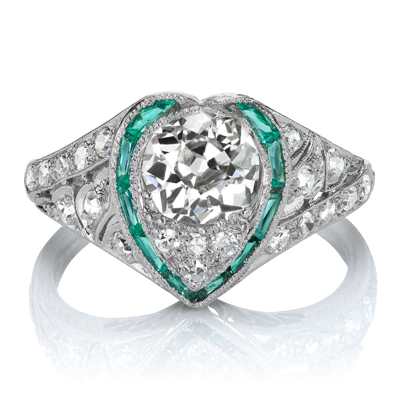 Antique Old Mine Cut Diamond Ring with Emerald Heart-Shaped Halo