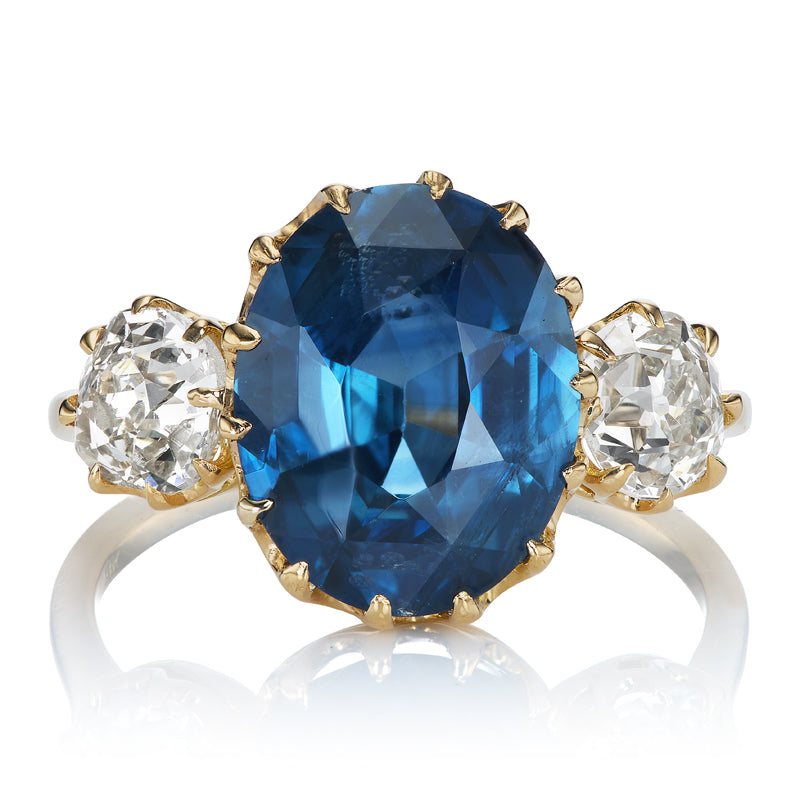 Ocean Blue 4.57ct Oval Cut Sapphire Ring with Old Mine Cut Diamonds