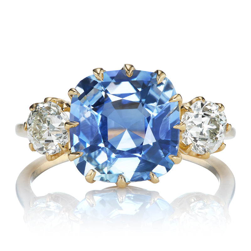 Sky Blue No Heat Sri Lankan Cushion Cut Sapphire Ring with Old European Cut Diamonds