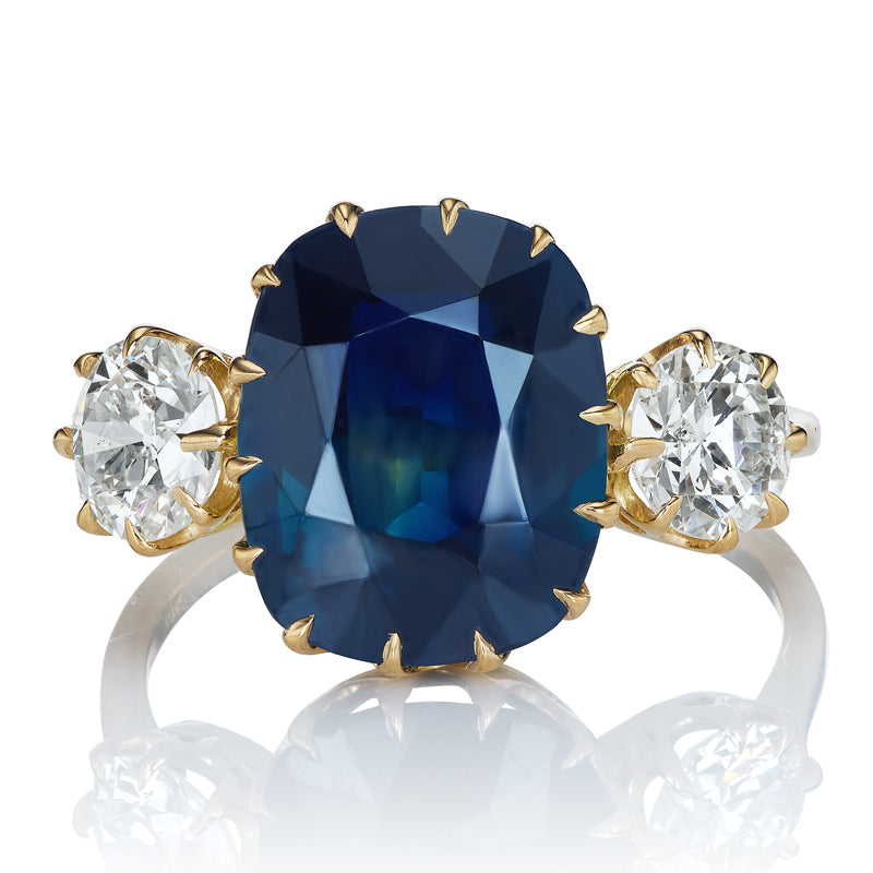 Unique 4.88ct Dark Teal Sapphire Ring with Old European Cut Side Diamonds