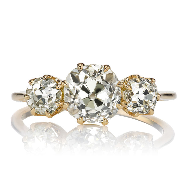 Three Stone Old Mine Cut Diamond Engagement Ring in 18kt Yellow Gold