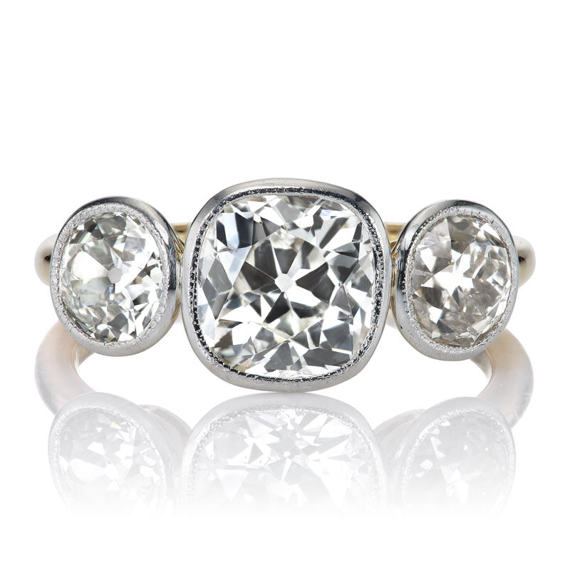 Bezel Set Three-Stone Old Mine Cut Diamond Engagement Ring