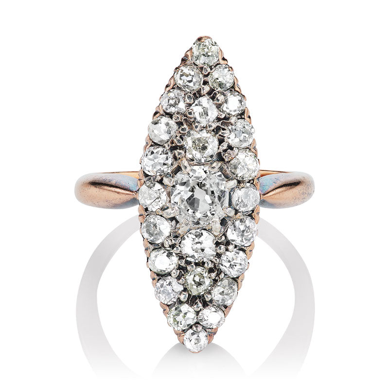 Antique Marquise-Shaped Old Mine Cut Diamond Cluster Ring
