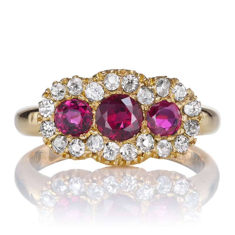 Edwardian Three Stone Ruby and Diamond Cluster Ring