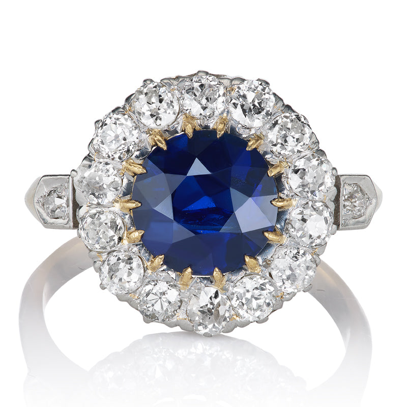 Antique 2.50ct Burma No Heat Sapphire and Diamond Cluster Ring