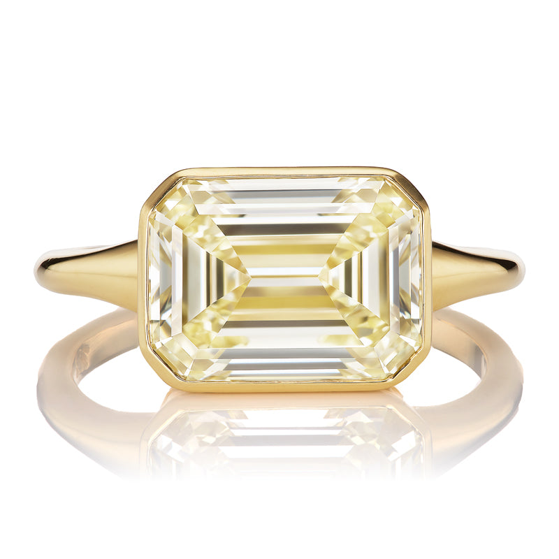 East-West Bezel Set Warm Emerald Cut Diamond Ring with Hidden Halo