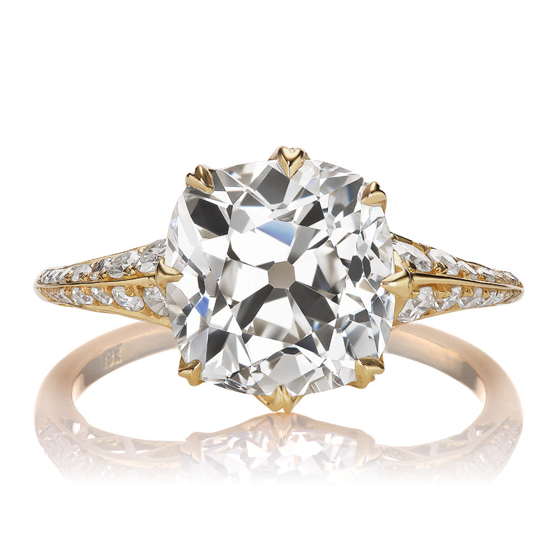 Antique Bright Old Mine Cut Diamond on Gold Tapered Diamond Band
