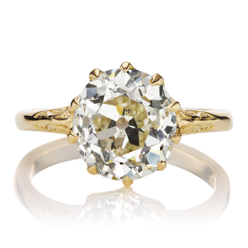 3 Carat Warm and Glowy Old Mine Cut Diamond on Detailed Gold Band