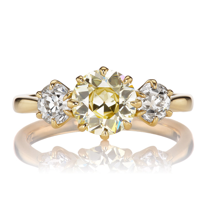 Fancy Light Yellow Transitional Cut Diamond Three-Stone Ring in 18kt Gold
