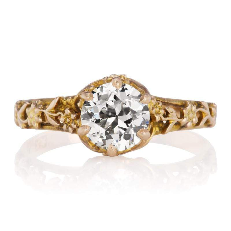 Art Nouveau Engagement Ring with Flower Engraved Band