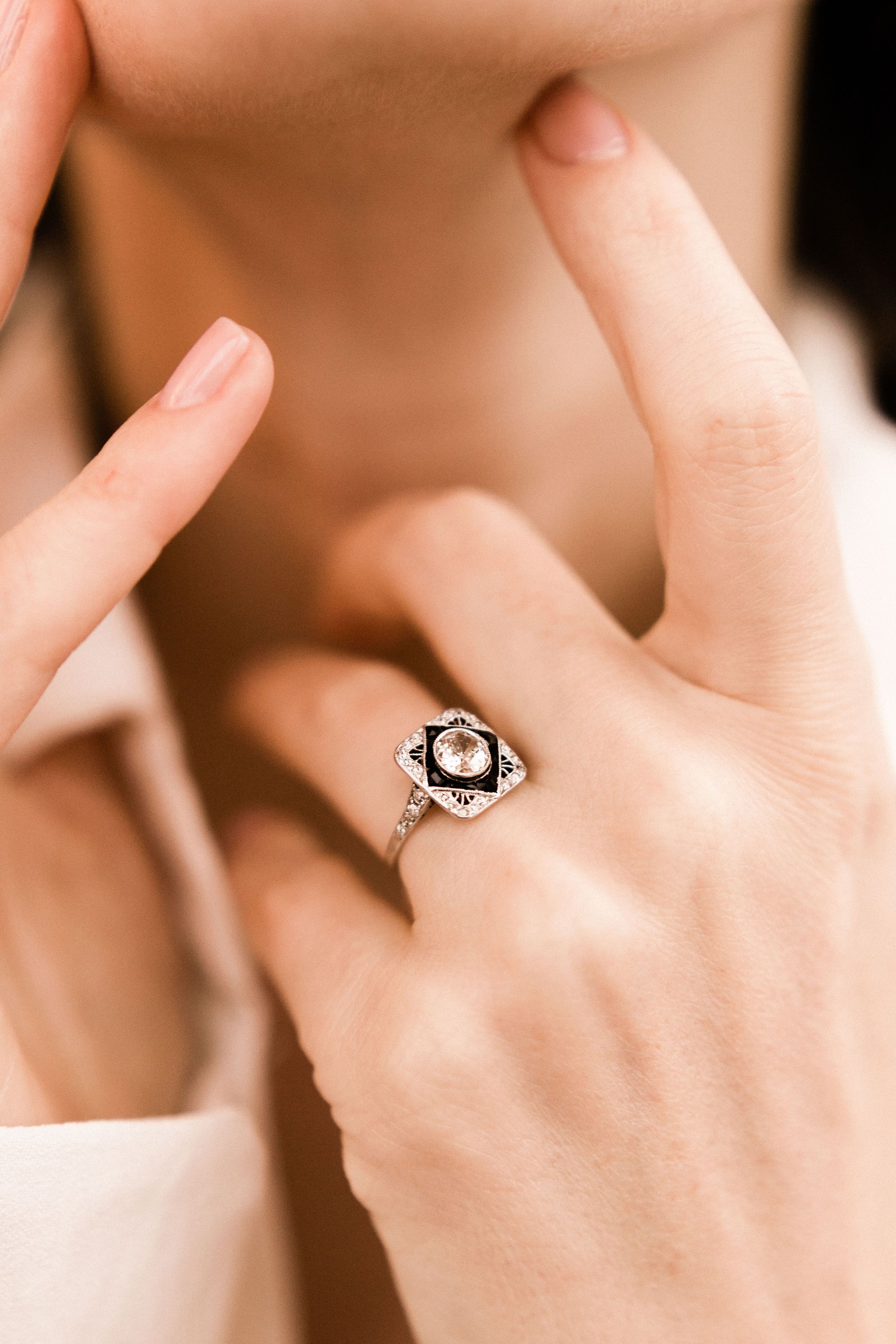 0.90ct old European cut diamond Unique Antique Onyx & Diamond Engagement Ring