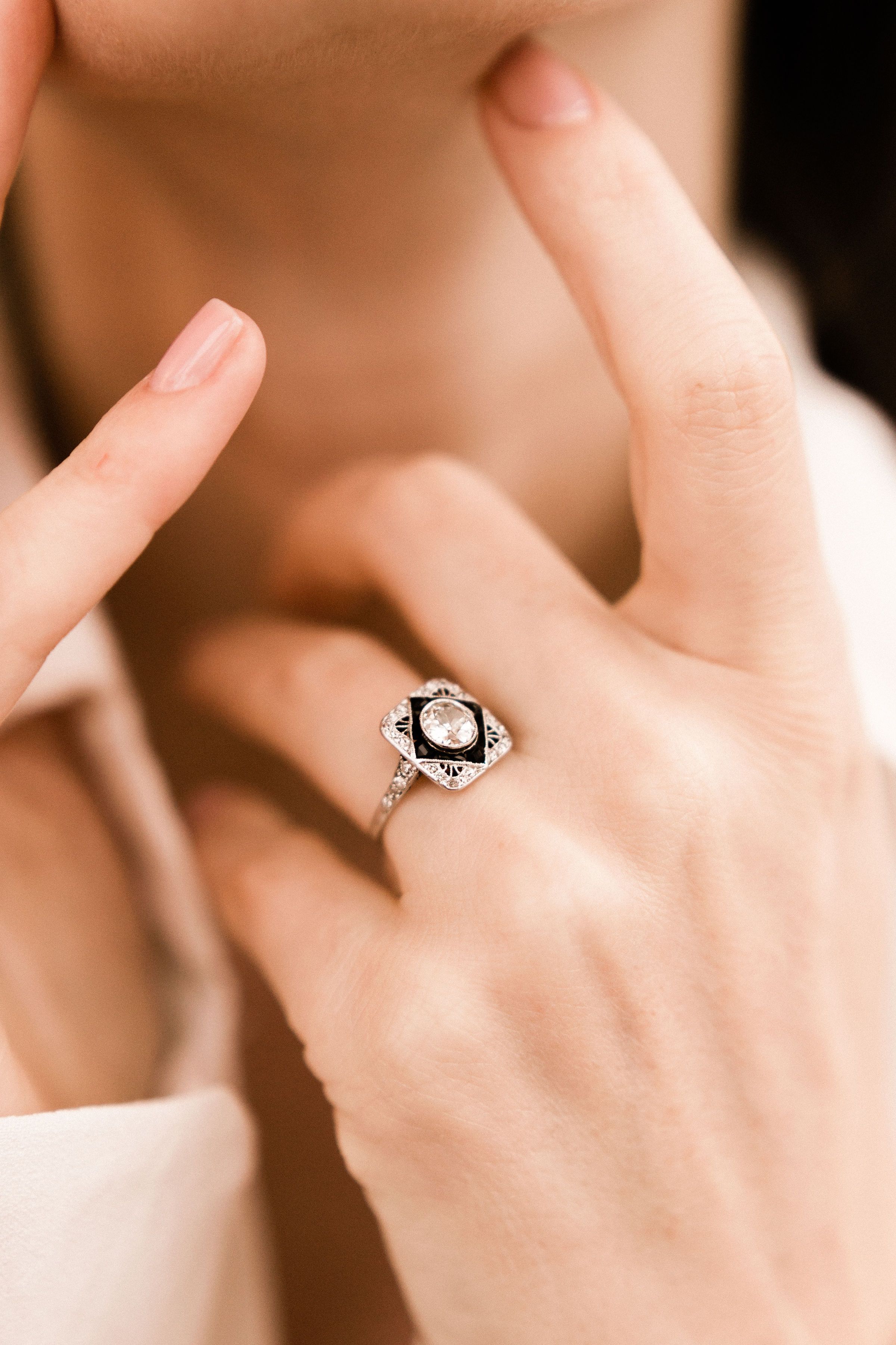 0.90ct old European cut diamond Unique Antique Onyx & Diamond Engagement Ring