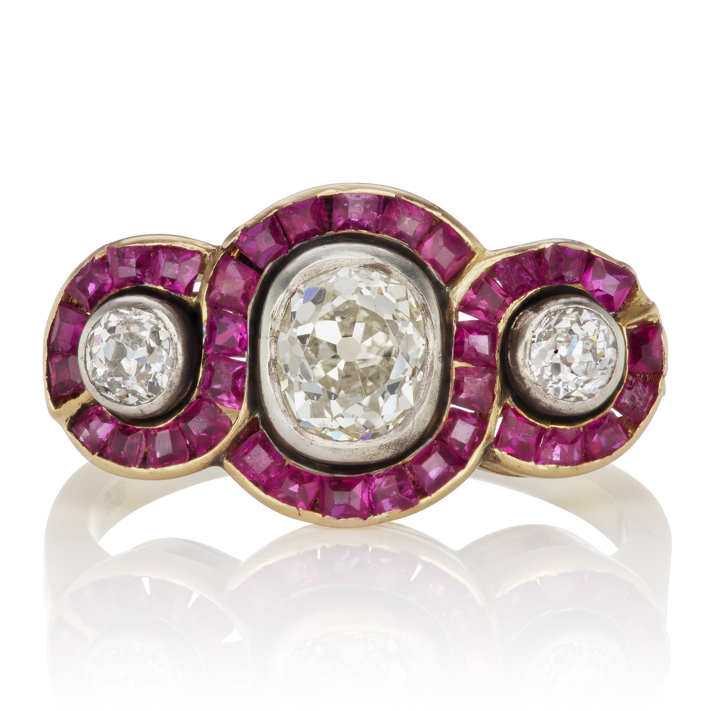 Three Stone Oval Halo Engagement Ring (Ruby Halo) | Victor Barbone