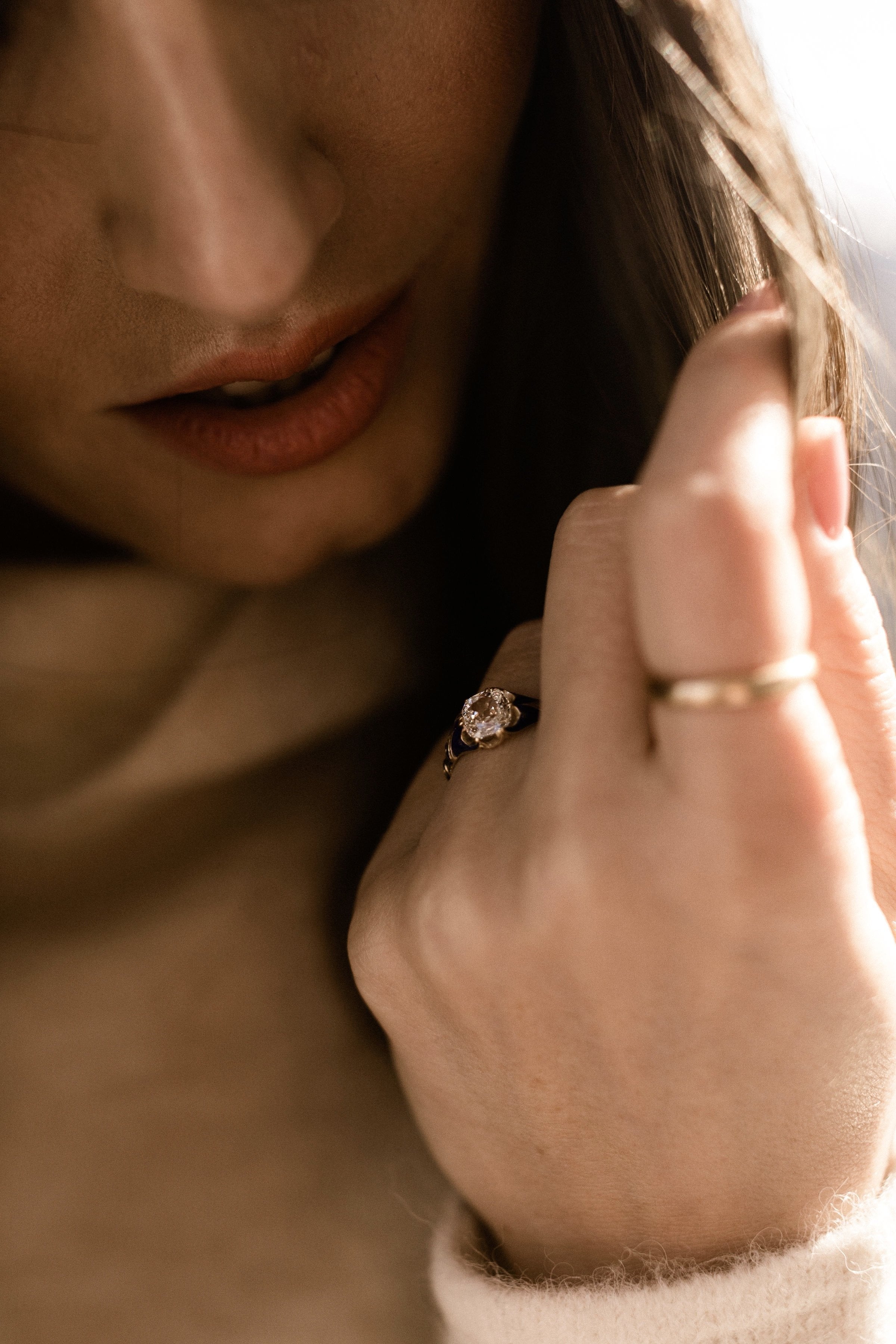 0.93ct antique cushion diamond Blue Enamel Engagement Ring Circa 1890