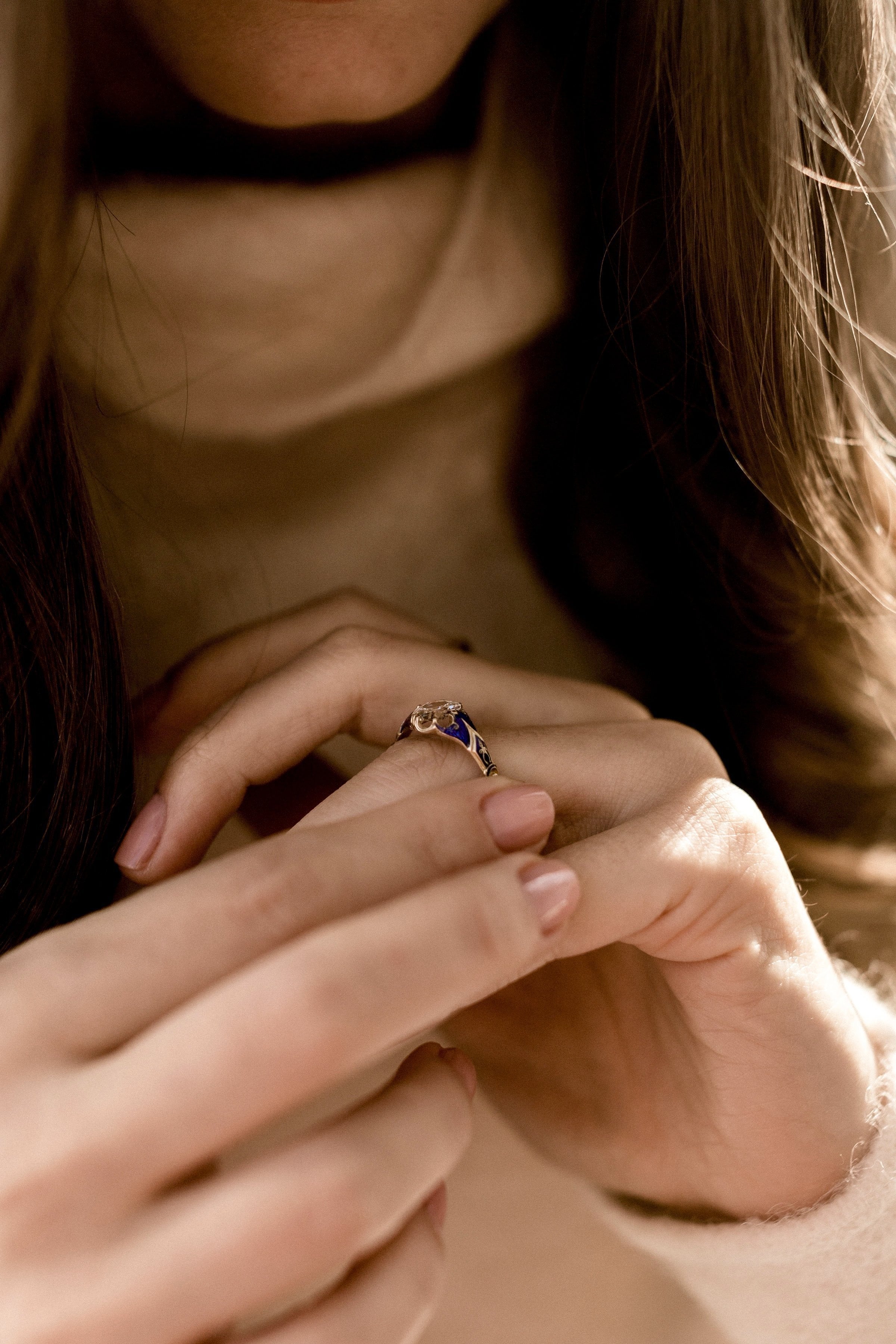 0.93ct antique cushion diamond Blue Enamel Engagement Ring Circa 1890