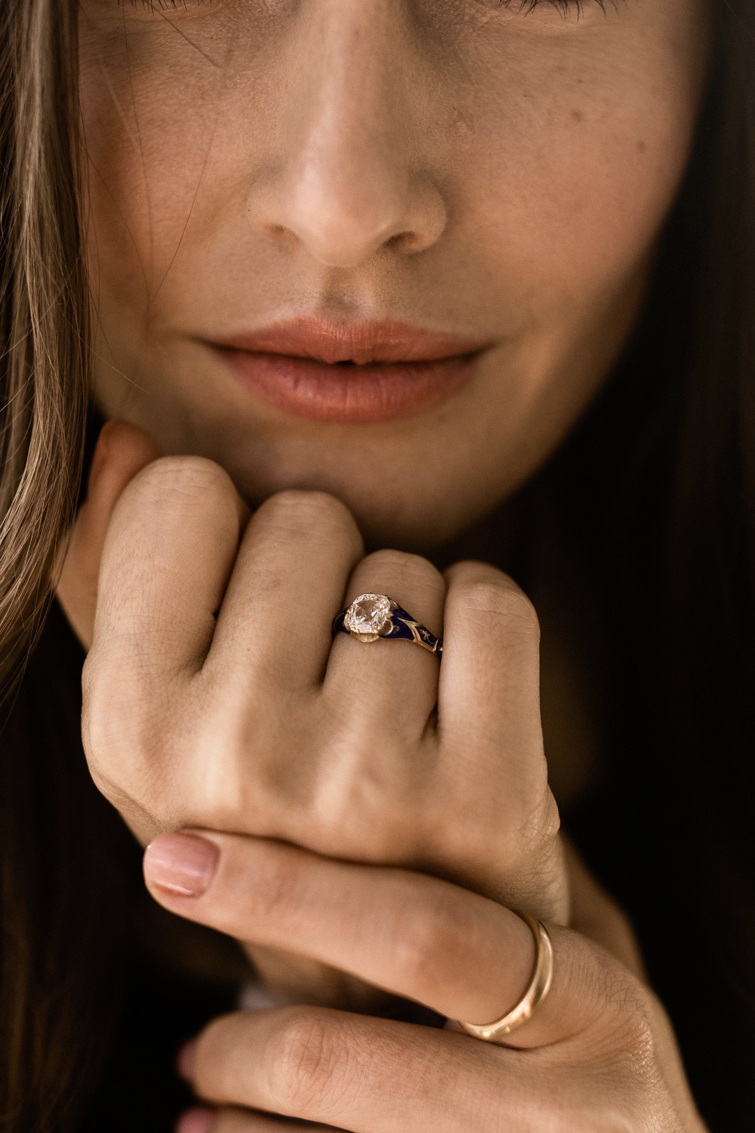 0.93ct antique cushion diamond Blue Enamel Engagement Ring Circa 1890
