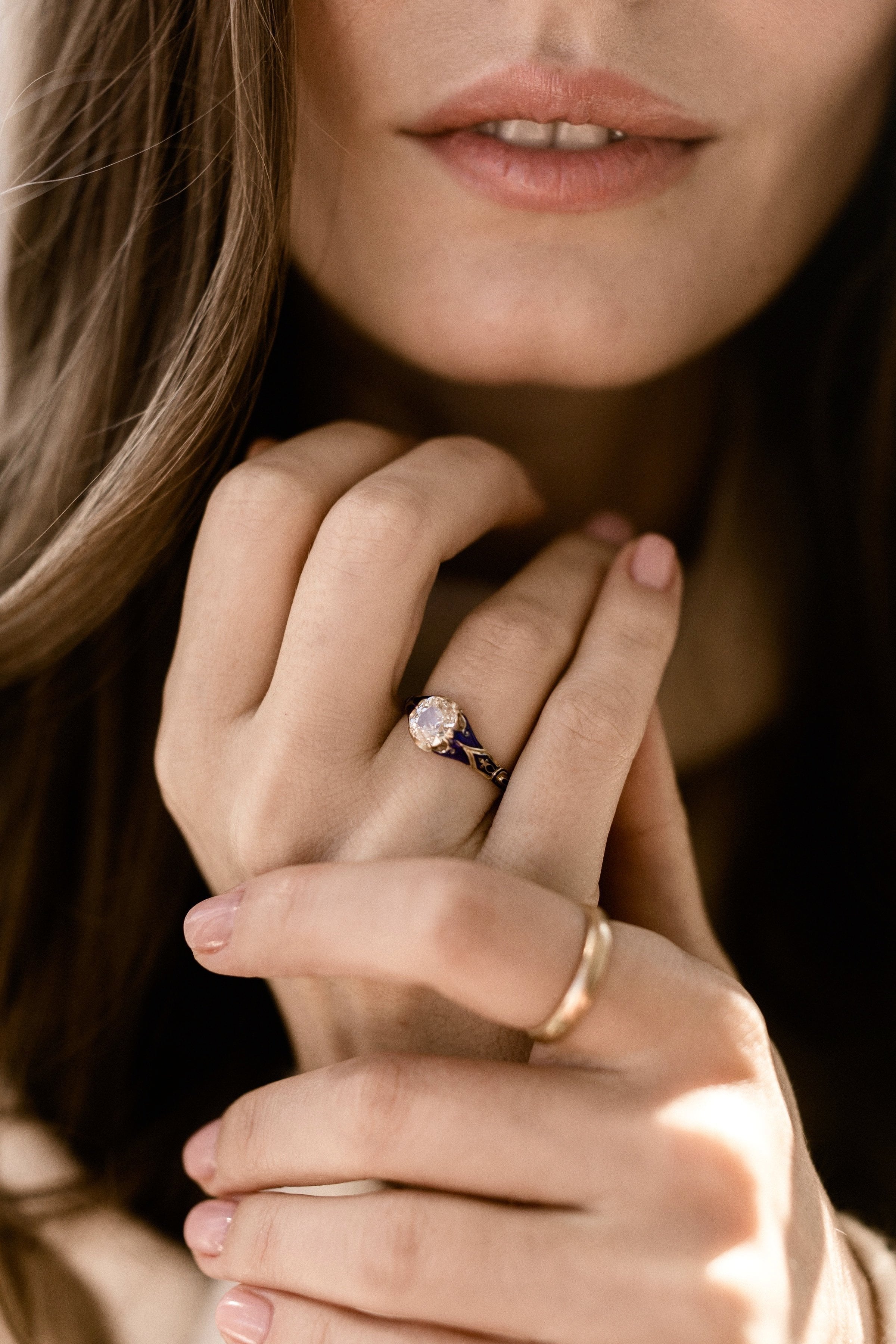 0.93ct antique cushion diamond Blue Enamel Engagement Ring Circa 1890