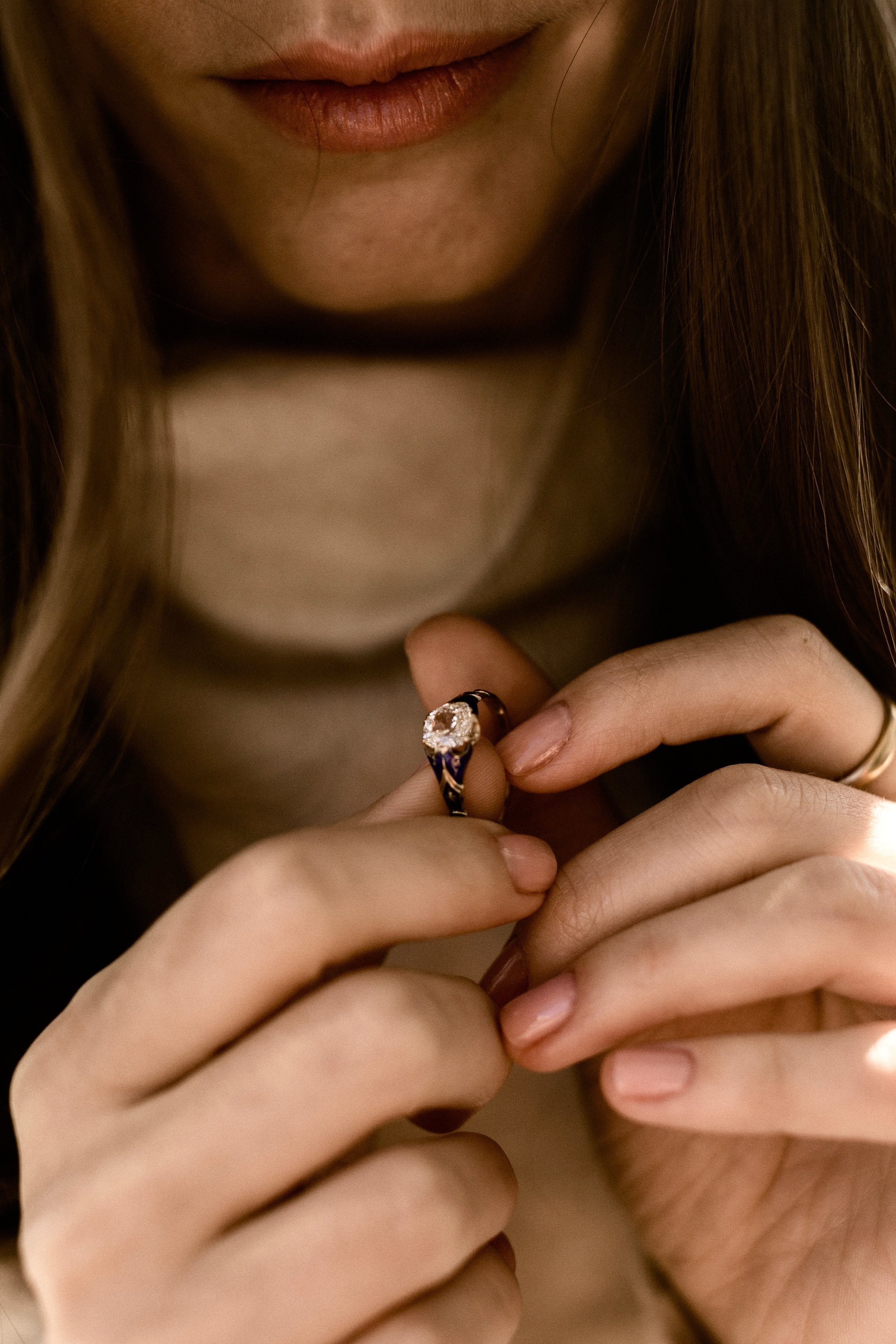 0.93ct antique cushion diamond Blue Enamel Engagement Ring Circa 1890