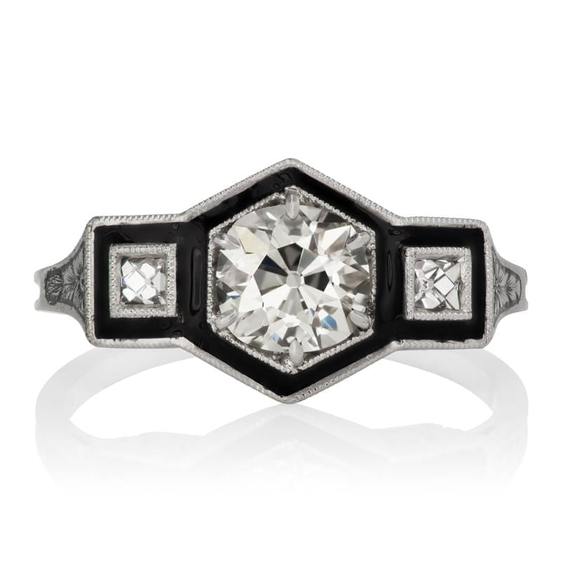 Art Deco Black Enamel Halo Diamond Engagement Ring
