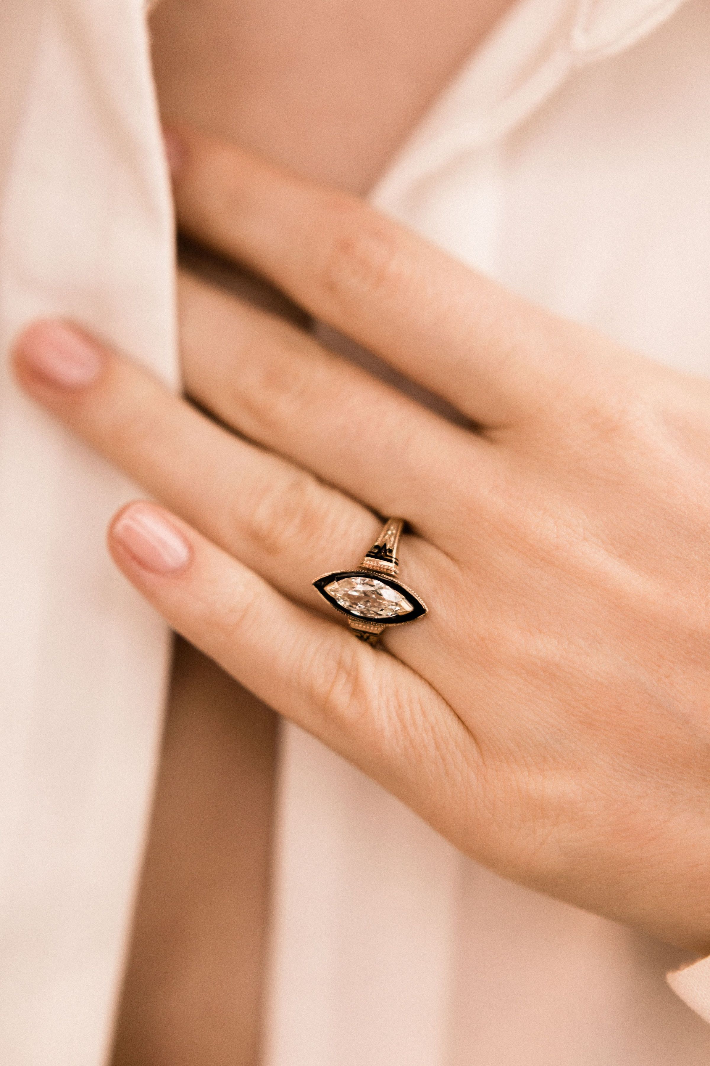 1.04ct Marquise Diamond Marquise Diamond & Black Enamel Halo Engagement Ring