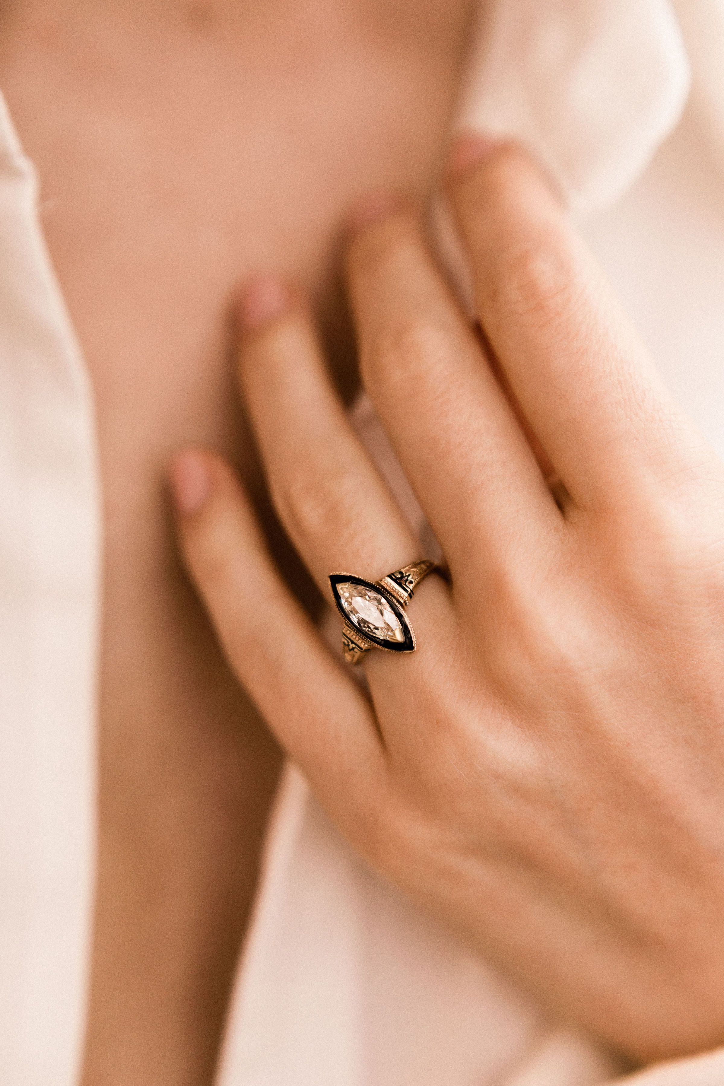 1.04ct Marquise Diamond Marquise Diamond & Black Enamel Halo Engagement Ring