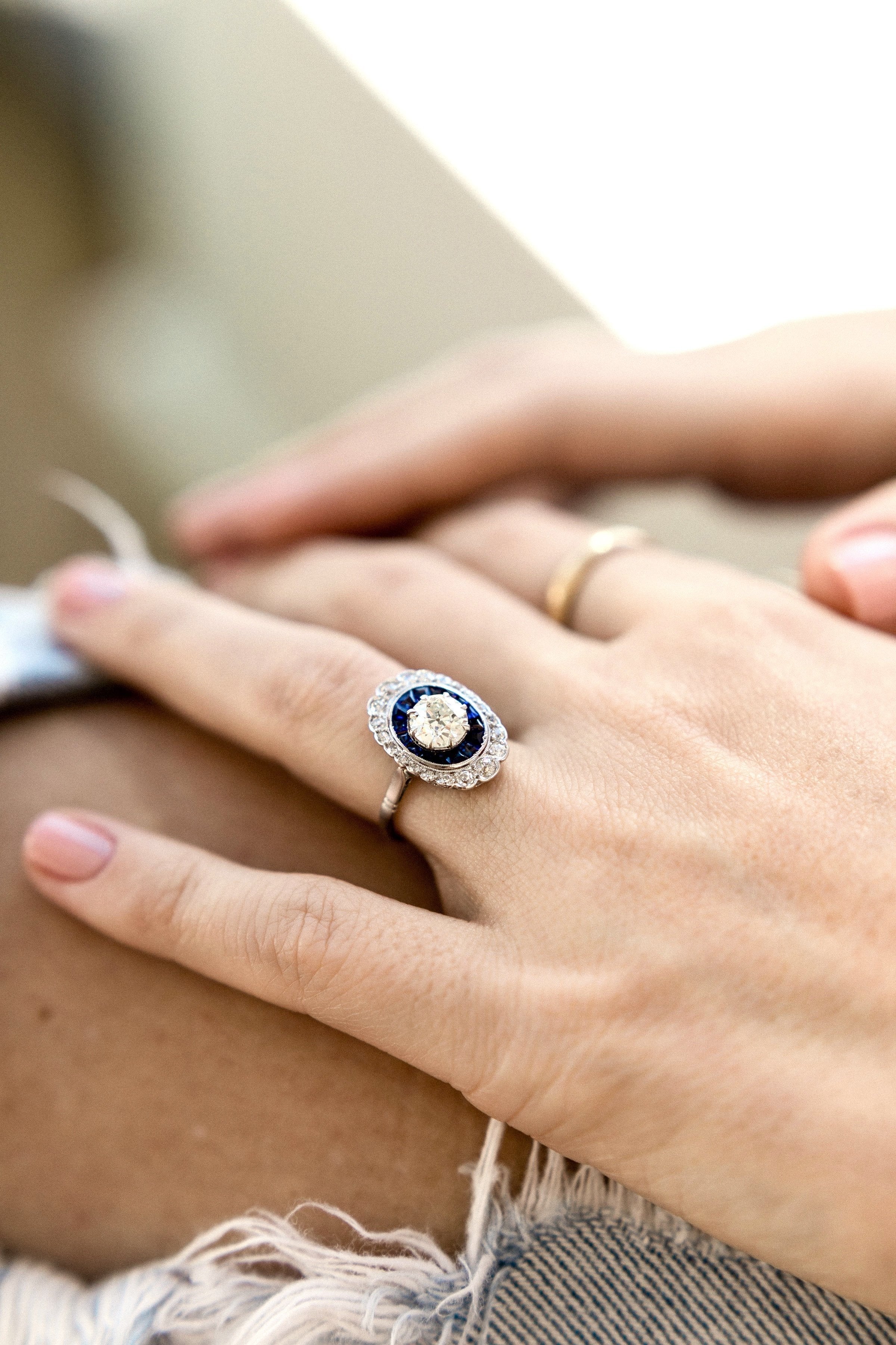 1.07ct old European cut diamonds Sapphire And Diamond Double Halo Engagement Ring