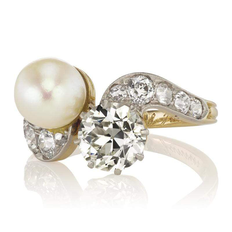 1.44ct Old European Cut Diamond + Natural Saltwater Pearl diamond engagement ring