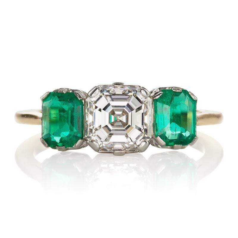Asscher Cut Diamond & Emerald Engagement Ring c.1920 | Victor Barbone