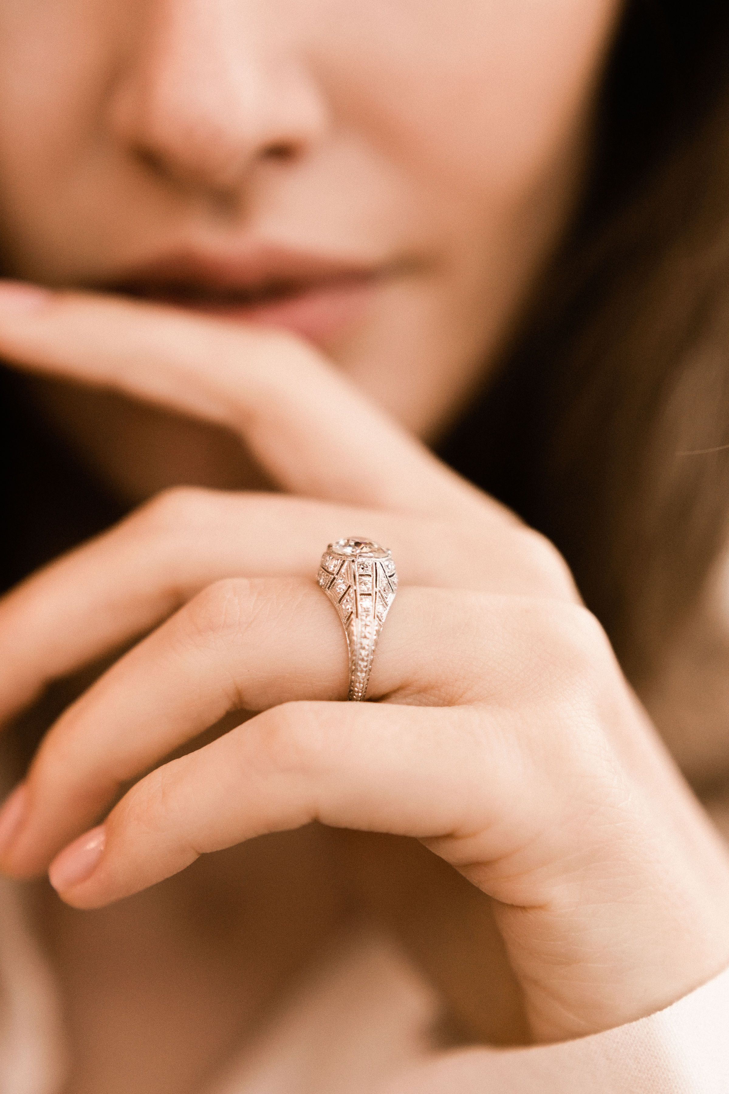 1.63ct old European cut diamond Platinum Cluster Engagement Ring