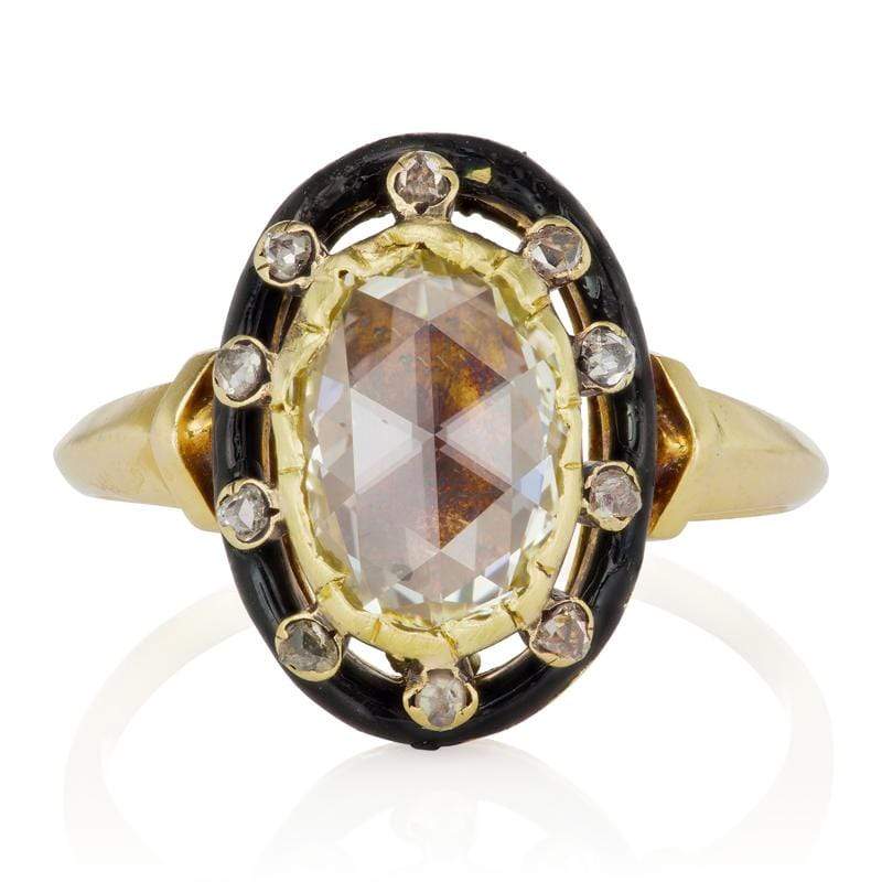 Oval Rose Cut Diamond & Black Enamel Halo Engagement Ring