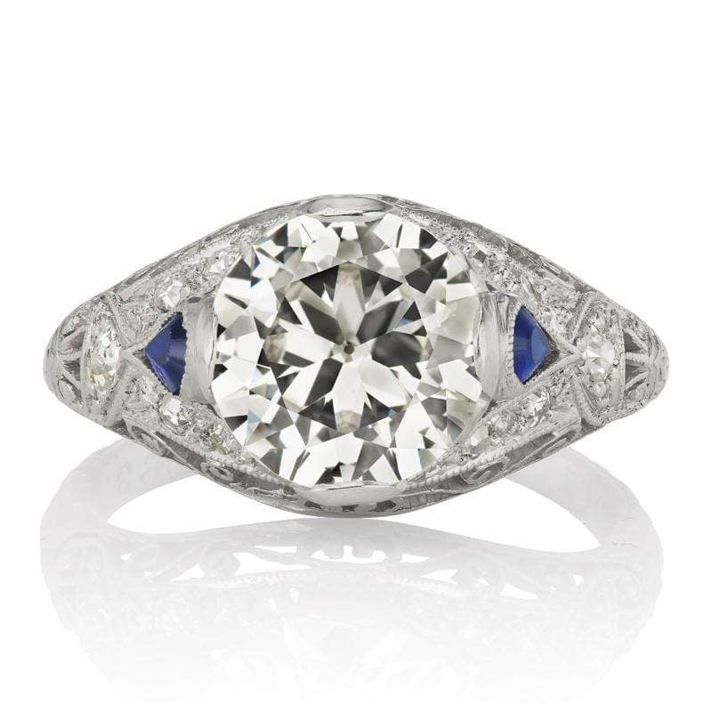 Art Deco Bezel Set Diamond & Sapphire Engagement Ring