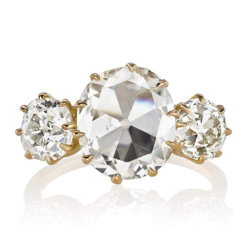 Three Stone Flat Old Mine Cut Diamond Engagement Ring