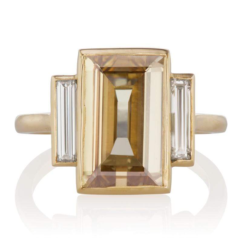 Emerald Cut Brown Diamond Engagement Ring with Baguettes