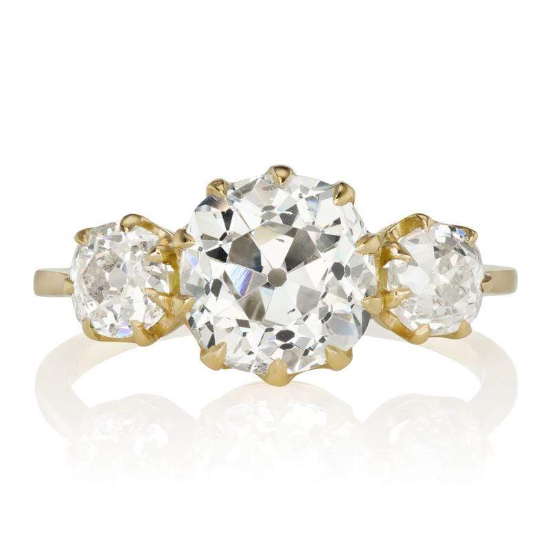 Three Stone Old Mine Cut Diamond Engagement Ring in Yellow Gold