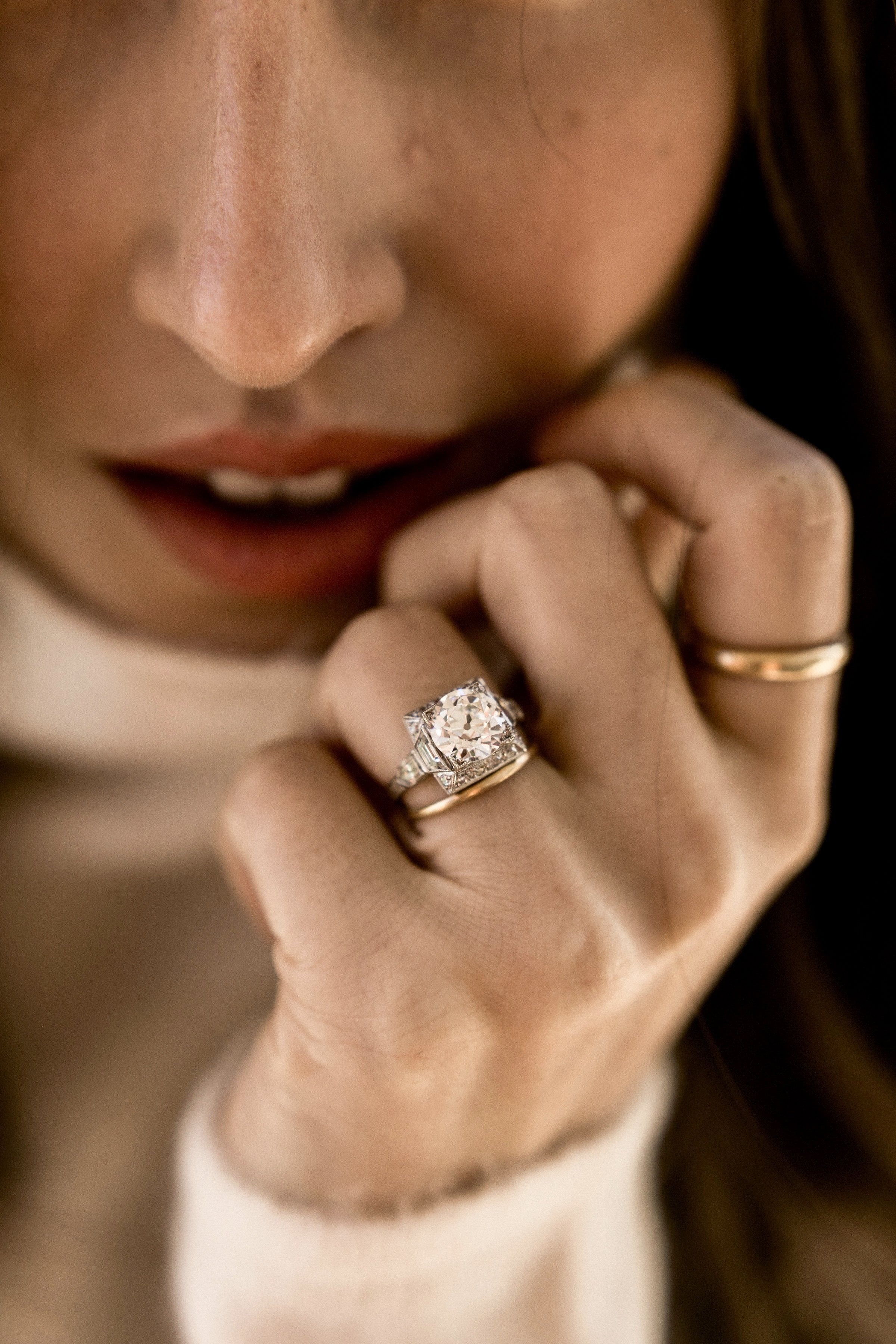 2.47ct old European cut diamond Round Diamond Square Halo Engagement Ring