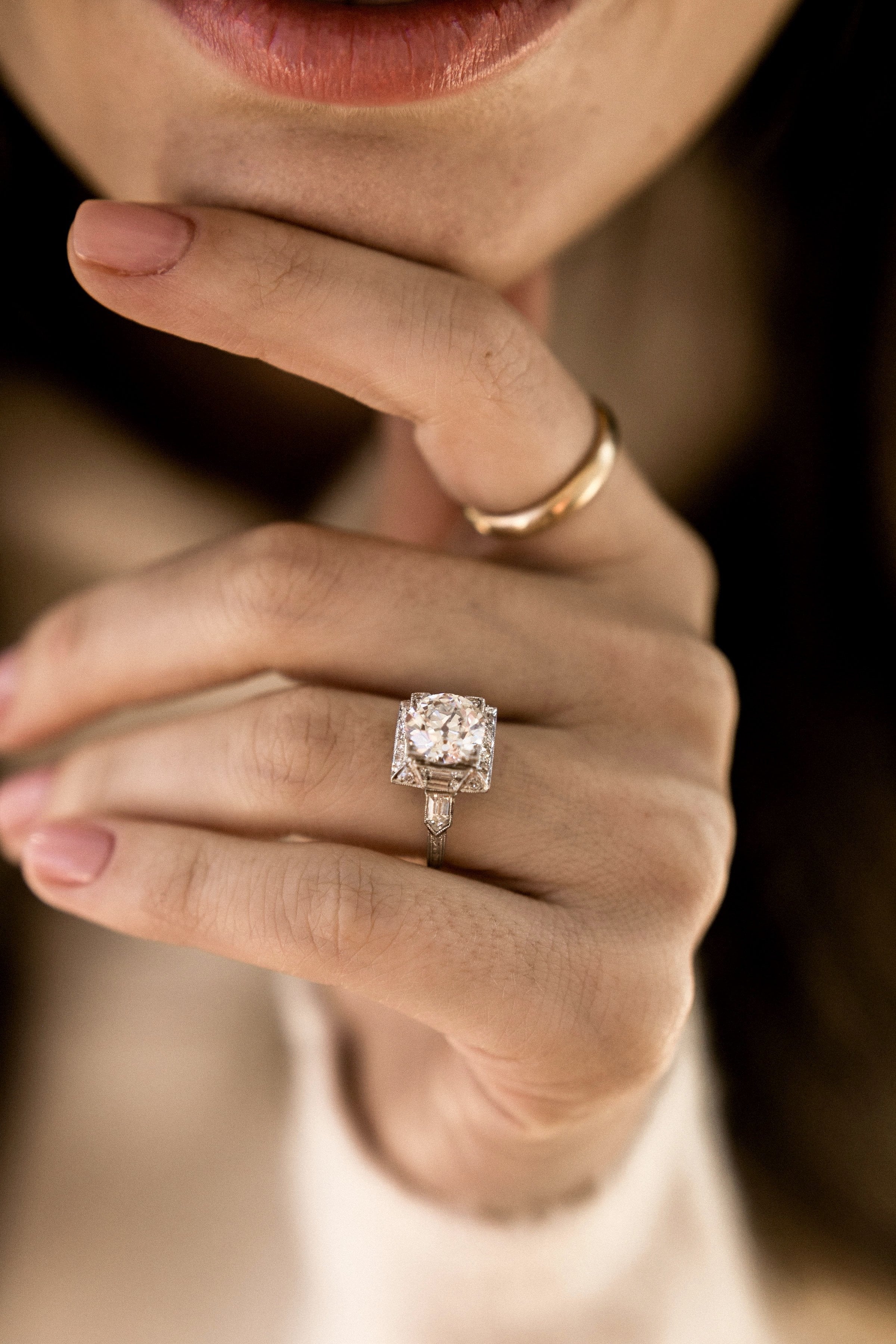 2.47ct old European cut diamond Round Diamond Square Halo Engagement Ring