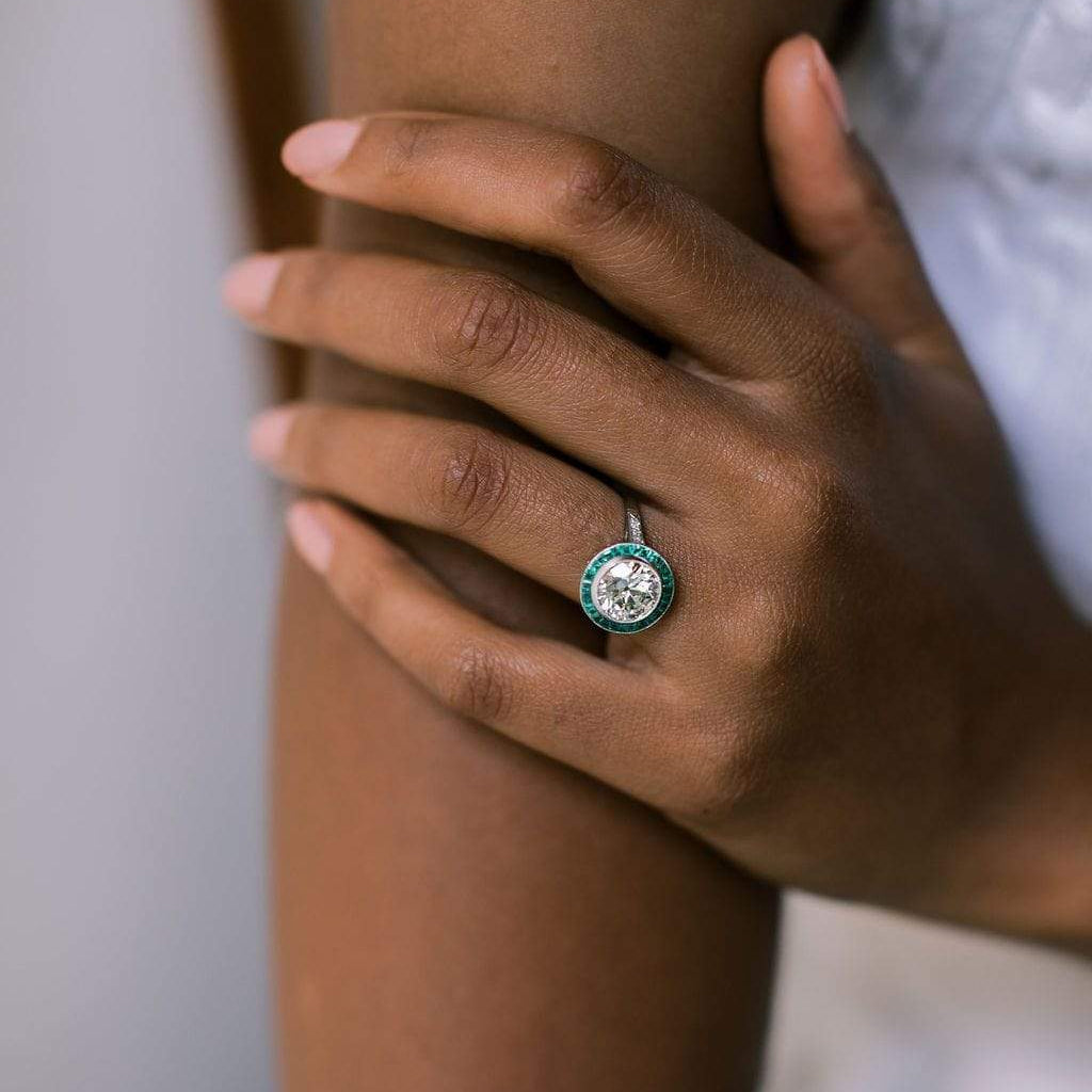 Bezel Set Emerald & Old European Cut Halo Engagement Ring