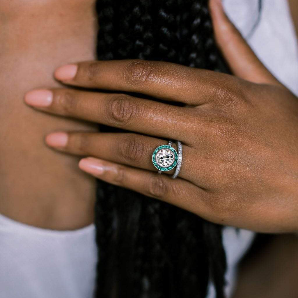 Bezel Set Emerald & Old European Cut Halo Engagement Ring